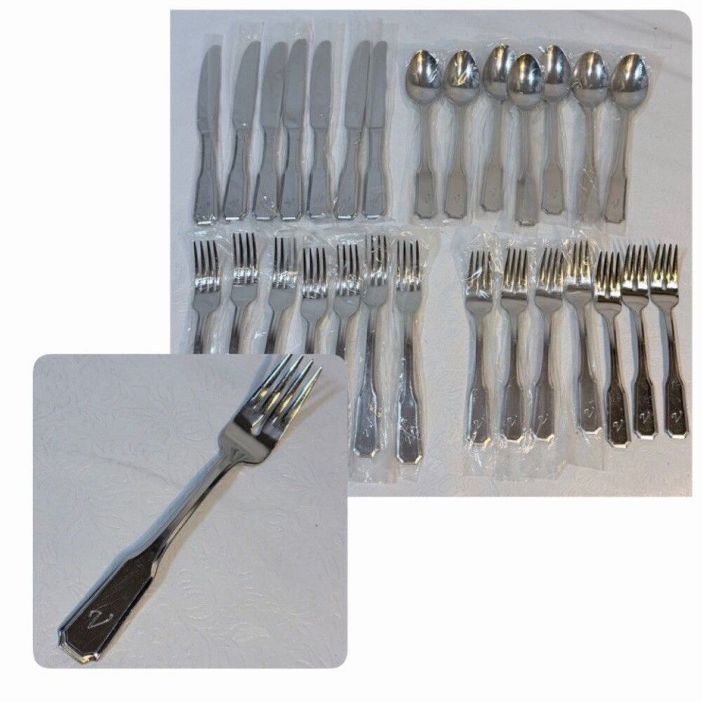 28pc Cambridge INITAL V ENGRAVED Stainless Flatware Set